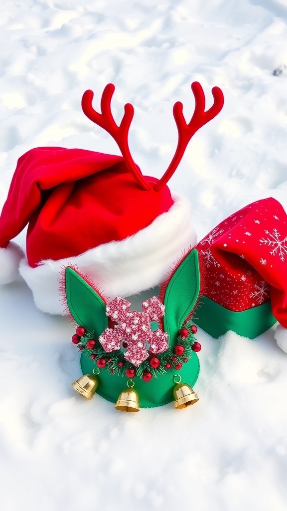 A variety of colorful Christmas hats including Santa, reindeer, and elf styles on a snowy backdrop.